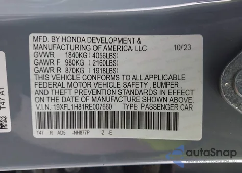 2024 Honda Civic Sport Touring z USA, uszkodzony, nr VIN 19XFL1H81RE007660